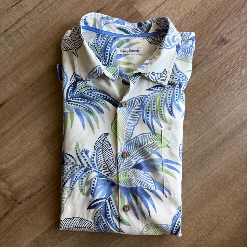 Tommy Bahama IslandZone Mens 2XLT Blue Green Tropical Leaf Camp Shirt BT322091